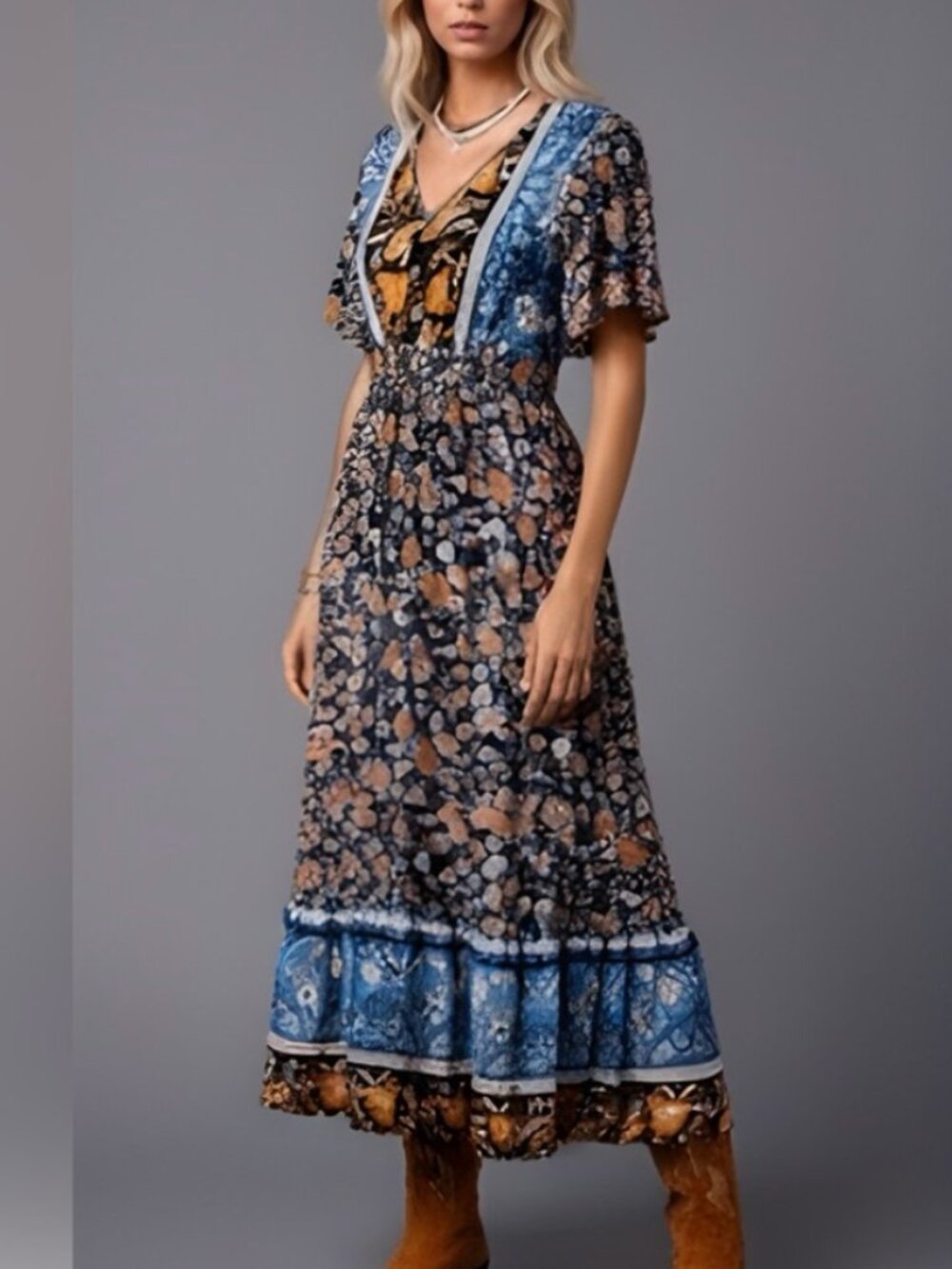 Boho Floral Bell Sleeve Asymmetrical Hem Dress